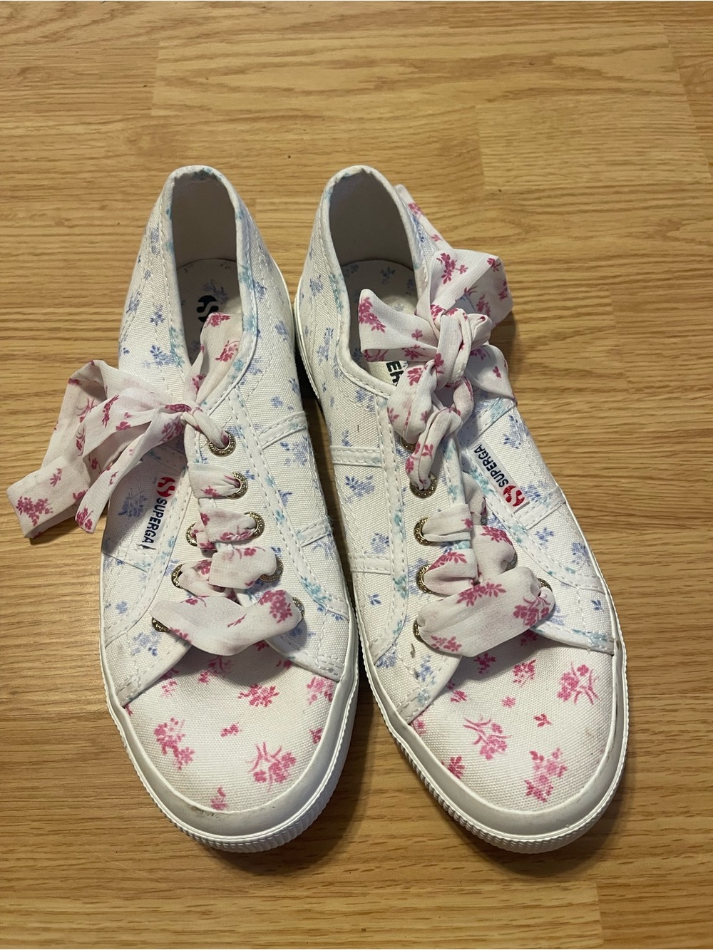 Superga White Canvas Sneakers with Pink & Light Blue Floral Ribbon Laces